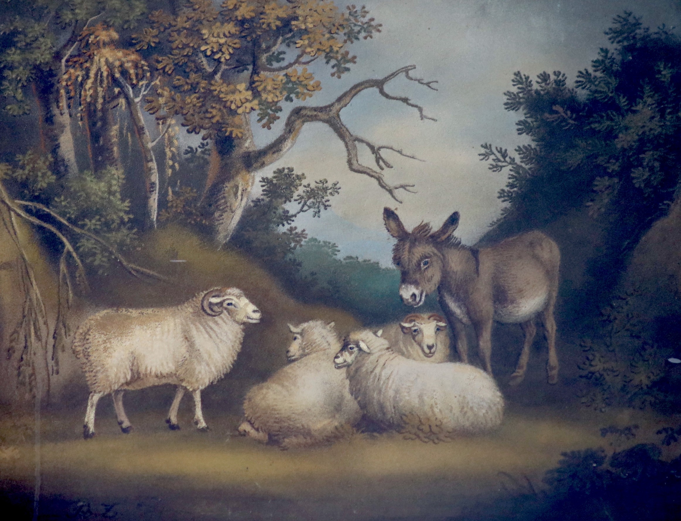 Benjamin Zobel (British, 1762-1831), sand picture, Sheep and a donkey in a wooded landscape, signed, 44 x 57cm